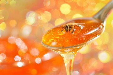 A stunning close up of a bee resting on a honey spoon with golden honey dripping elegantly