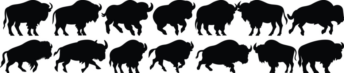 Bison silhouettes set, animal pack of vector silhouette design, isolated background