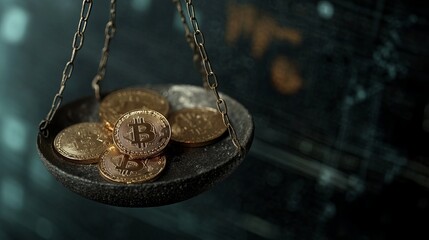 A close-up of gold Bitcoin cryptocurrency coins resting on a scale, symbolizing the value and weight of this digital currency.