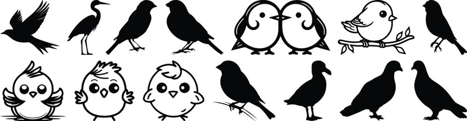 Bird silhouettes set, animal pack of vector silhouette design, isolated background