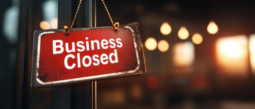 Business closed sign hanging on entrance, indicating closure. warm lighting in background creates reflective atmosphere, evoking sense of pause and transition