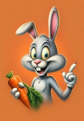 Obraz premium A cartoon rabbit with exaggerated features, including large teeth and long ears, holds a large carrot in its paw.