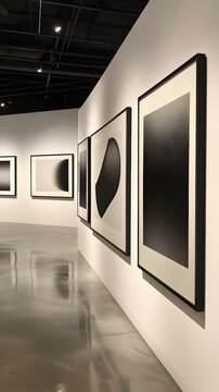 Fototapeta A modern art gallery displaying abstract black and white framed artworks on a polished floor.