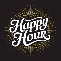 Happy Hour logo with celebration confetti Icon black background. Happy hour Chalkboard handwritten sign. Happy hour sticker, label, badge, poster, banner.