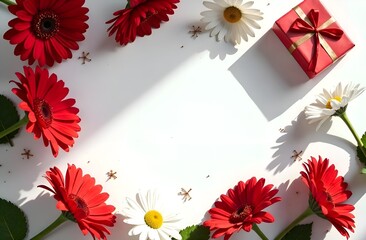  white background, red gerbera flowers, white chamomile flowers,  glitters, gift boxes,  chocolate, green leaves 