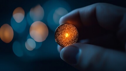 A hand holds a glowing cryptocurrency coin, the intricate design and bright light creating a captivating image.