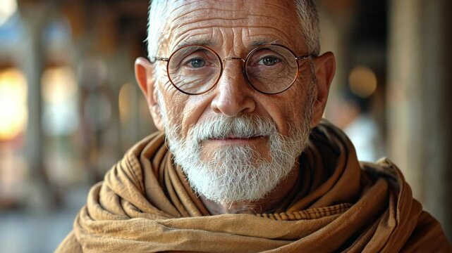 A genial priest with a grey beard and warm eyes, wearing a golden-brown shawl, exudes kindness in an ambiently lit sanctuary, his gaze inviting calm.