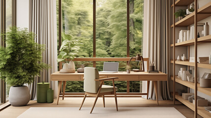 Fototapeta premium Scandinavian-style home office with wooden desk, bamboo blinds, and natural light, surrounded by plants for a cozy and eco-friendly work environment.