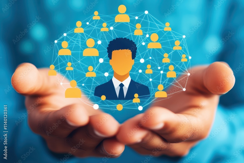 Wall mural conceptual illustration of diverse social network connections emerging from a single professional fi