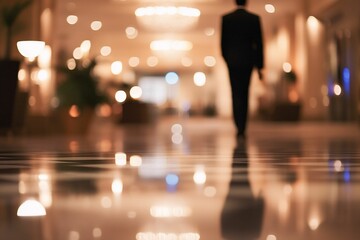 Fototapeta premium Elegant Businessman Walking Through a Luxurious Hotel Lobby with Reflections on the Polished Floor in Soft Focus Aesthetic