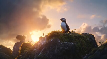 A Puffin Standing on a Rock at Sunset, Silhouetted Against a Colorful Sky