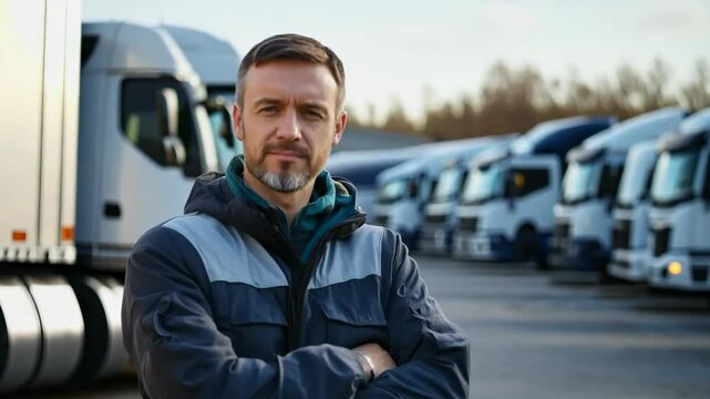 A man stands in front of a row of semi trucks. He is wearing a blue jacket and a gray cap logistic and transportation