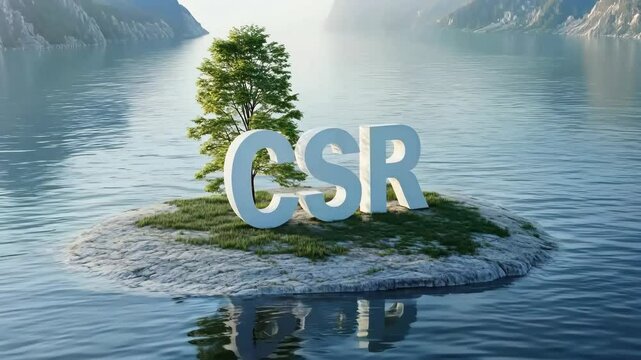 A white island with a tree on it and the letters CSR in the water. Concept of isolation and the importance of corporate social responsibility ESG Environmental, social, and governance,