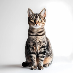 A cat with a greenish-yellow eye is sitting on a white background