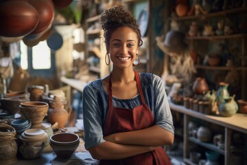 Portrait of a young female potter smiling with arms crossed, standing in her pottery workshop, surrounded by her creations
