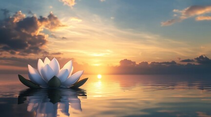 A serene white lotus flower floating on calm water at sunrise, symbolizing peace and enlightenment
