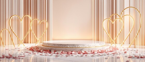 Pink romantic podium with hanging hearts, candles and golden arch on drapery background, backdrop for wedding presentations, Valentine's Day, cards, invitations