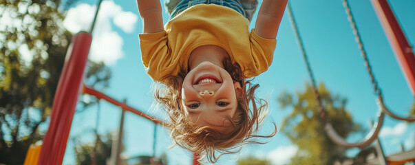 cheerful child swings upside down on playground swing, enjoying sunny day outdoors with bright smile and carefree energy