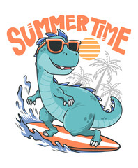 Cute Dinosaur Surfing Hand Drawn Vector Illustration Design