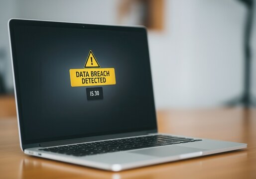 Laptop displaying data breach warning, highlighting cyber security threat and vulnerability - Powered by Adobe