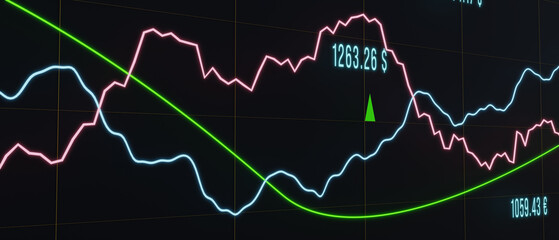 Two volatile stock market chart with financial data, abstract concept. Volatile, moving average, business, market research, investment, finanical data and  information. 3D illustration