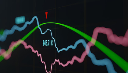 Extreme close up stock market chart with financial data, abstract concept. Trading, business, stock market and exchange, research, investment, growth. 3D illustration