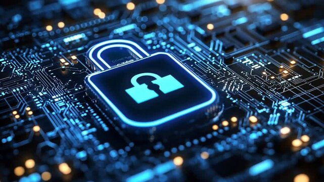 The lock and shield icons emphasize security, layered over a blue tech grid background.