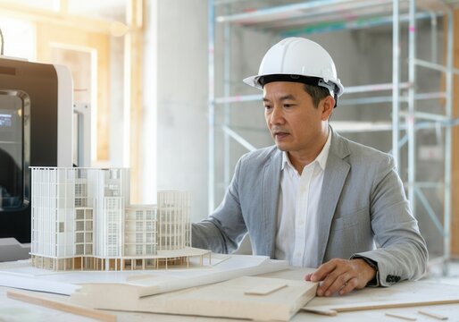 Asian architect wearing hardhat analyzing a 3d printed model of a building in his office