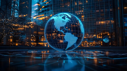 A digital representation of the Earth surrounded by data visuals and graphs in a futuristic financial setting at night