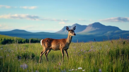 Naklejka premium Young deer stands gracefully in a green meadow with mountains behind. Nature shines with vibrant colors and fresh air.