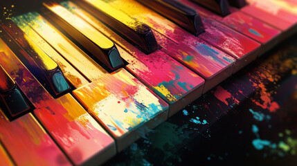 close up of piano keys splattered with vibrant, colorful paint, creating artistic and creative expression of music and art blending together