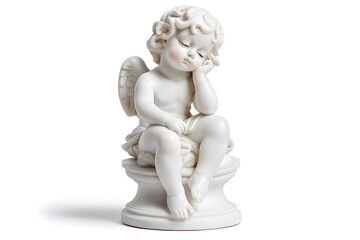 Obraz premium White marble statue of sitting cherub, isolated on white background