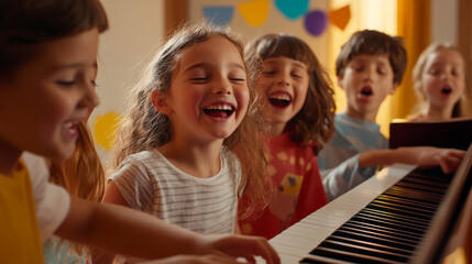 Fototapeta premium lively group of children laughing and singing together while playing piano in bright, cheerful room filled with colorful decorations