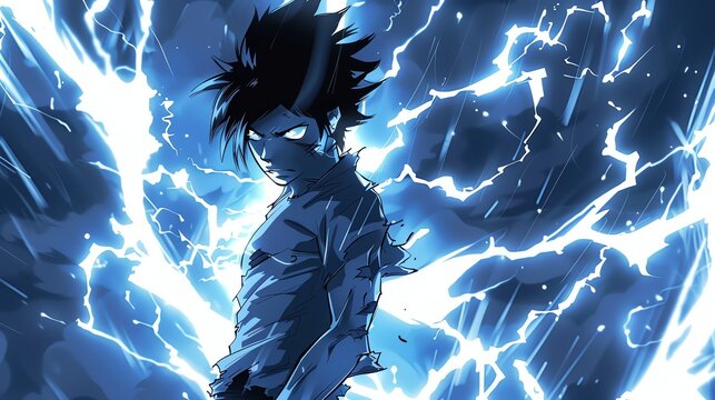 An illustrated anime character with a serious expression standing against a blue lightning background.