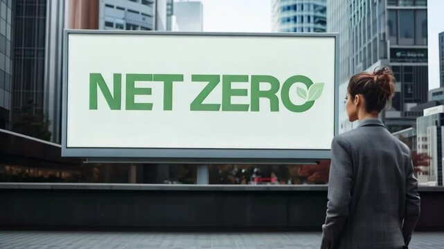A woman stands in front of a large billboard that says Net Zero. ESG Environmental, social, and governance, carbon reduction net zero and climate change