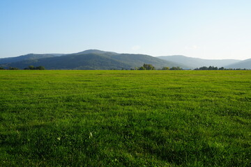 Grassy airfield with plane in Silesian Beskids in Bielsko-Biala city in Poland