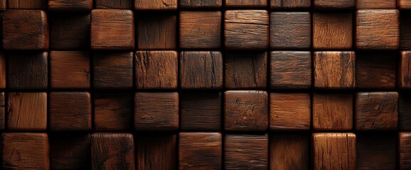 Abstract background of rustic dark brown wooden cubes, textured surface, geometric pattern,  seamless tiling.