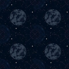 Naklejka premium Celestial Dreams: A seamless pattern featuring celestial bodies in a night sky with twinkling stars and constellations. Perfect for wallpapers, fabrics, and interior design. 