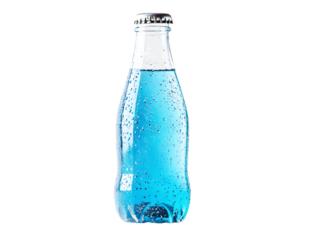 Drink cold water soda light blue in glass clear bottle tall isolated on cut out PNG or transparent background. Carbonated soft drink mockup. High resolution photo realistic. Can be put logo, design.