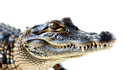 Obraz premium Close-up of a crocodile's expressive eyes and textured skin in a vibrant green environment