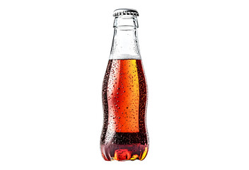 Drink cold water soda brown in glass clear bottle tall isolated on cut out PNG or transparent background. Carbonated soft drink mockup. High resolution photo realistic. Can be put logo, design.