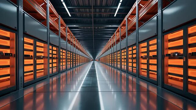 Modern Data Center with Rows of Storage Racks and Bright Orange LED Lights

