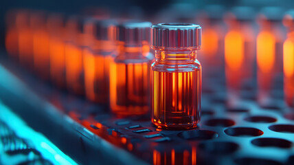 Advanced lab setup with glowing orange vials for nanotechnology experiments, showcasing precision and innovation in scientific research