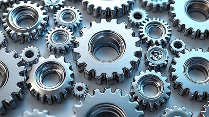 Isolated white background, abstract interlocking gears in motion, representing unity, brushed aluminum with futuristic design elements, crisp details 