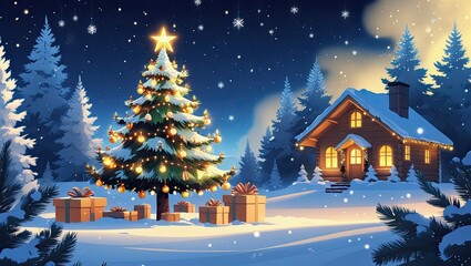 A serene winter scene with a beautifully lit Christmas tree surrounded by fresh snow, nestled near a cozy home in a tranquil forest. Ideal for holiday-themed designs, greeting cards, and background