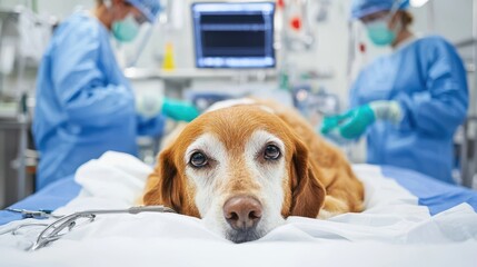 Animal healthcare includes emergency care A dog receiving veterinary care in a clinic with professionals in scrubs and masks.