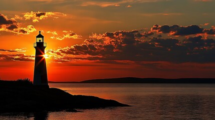 Fototapeta premium A lighthouse silhouetted against a vibrant sunset over calm waters.