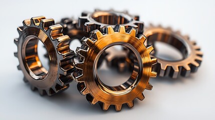 Isolated white background, interlocking gears with an abstract shape, symbolizing teamwork, polished metal, vivid clarity 