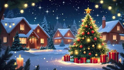 Obraz premium A festive Christmas scene with a glowing Christmas tree in a snowy forest, surrounded by a cozy cabin with warm lights and chimney smoke. Perfect for backgrounds, celebrations, or templates.