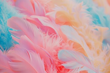 Colorful, pastel-soft feathers background, wallpaper, blurred, with ample copy space. An abstract background. web banner, soft fluffy textures